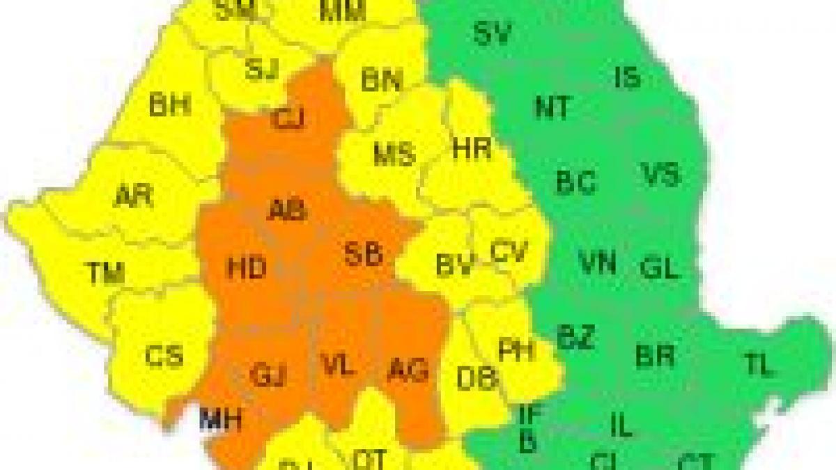 Cod portocaliu pentru Mehedinţi, Gorj, Vâlcea, Argeş, Hunedoara, Sibiu, Alba şi Cluj