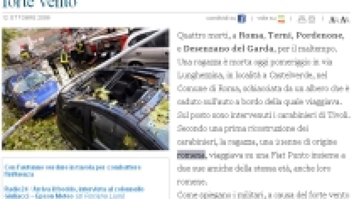 O româncă a murit în Italia, după ce maşina în care se afla a fost strivită de un copac doborât de furtună 