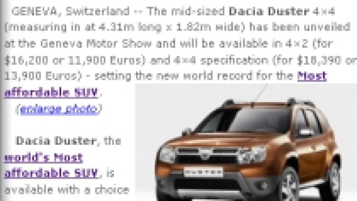 Dacia Duster a intrat în Cartea Recordurilor ca cel mai accesibil SUV din lume