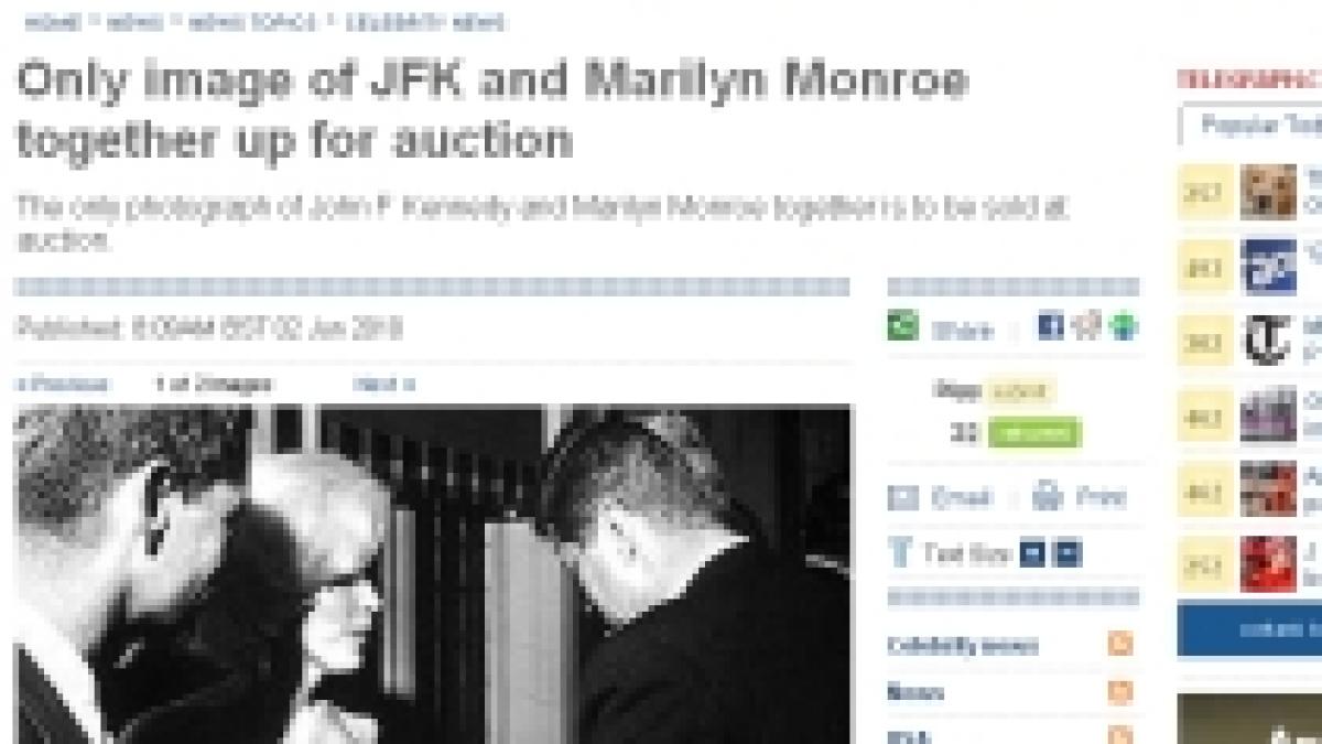 Singura fotografie cu John F Kennedy şi Marilyn Monroe, scoasă la licitaţie în SUA 