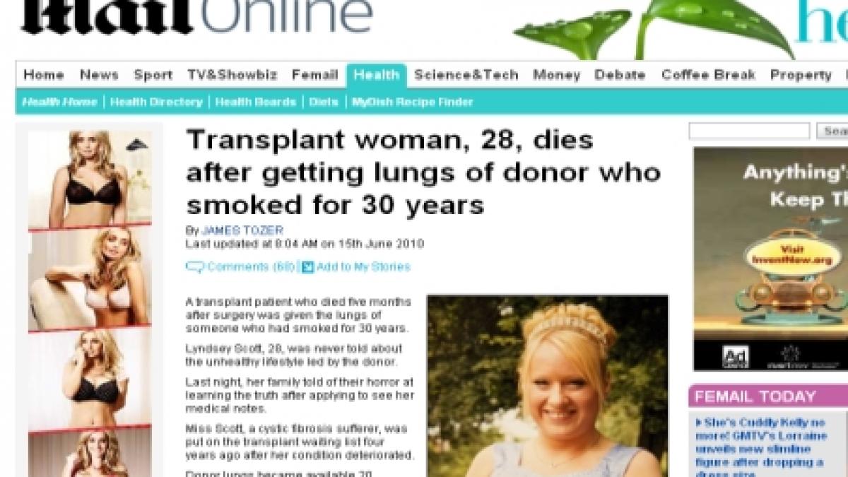 O tânără a murit după ce i s-au transplantat plămânii unui fumător înrăit 