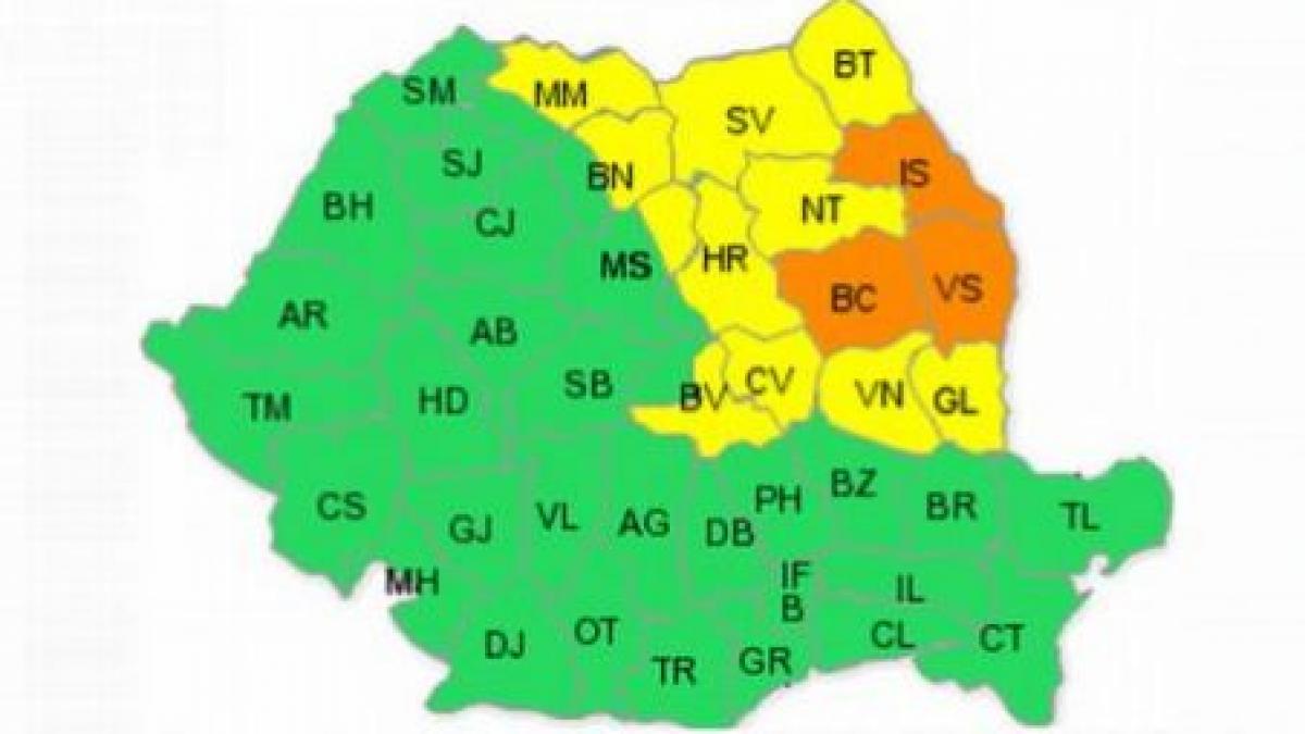 Cod Galben de ploi pentru 11 judeţe şi Portocaliu pentru alte 3. Vezi zonele vizate