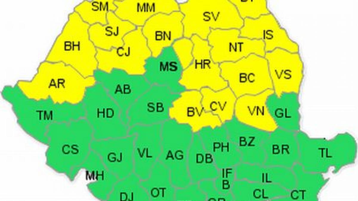 Cod Galben de ploi pentru jumătatea de nord a ţării. Vezi zonele vizate