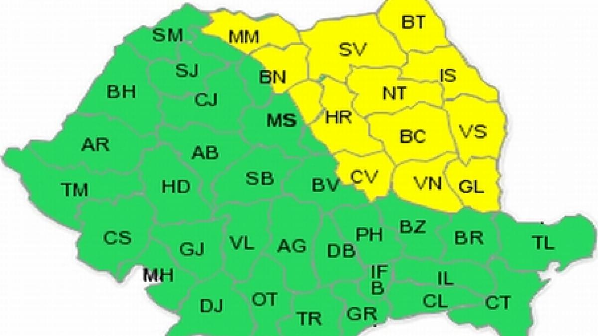 Cod galben de ploi pentru 13 judeţe din Moldova şi Carpaţii Orientali