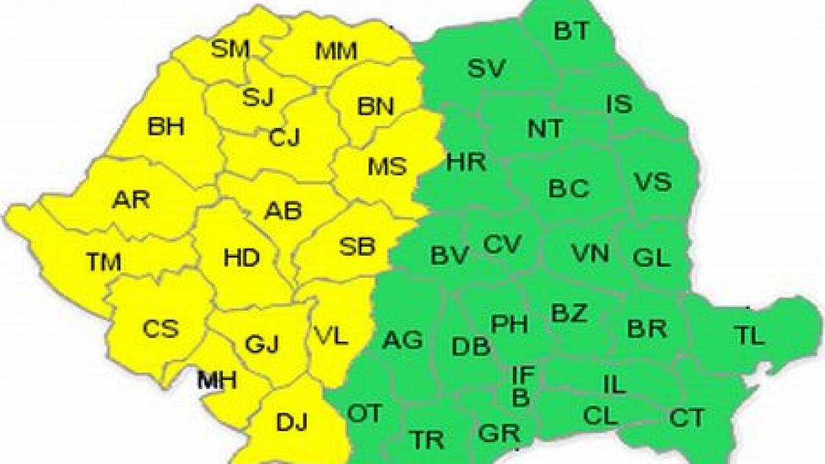 Atenţionare cod galben de ploi şi vijelii pentru jumătatea de vest a ţării