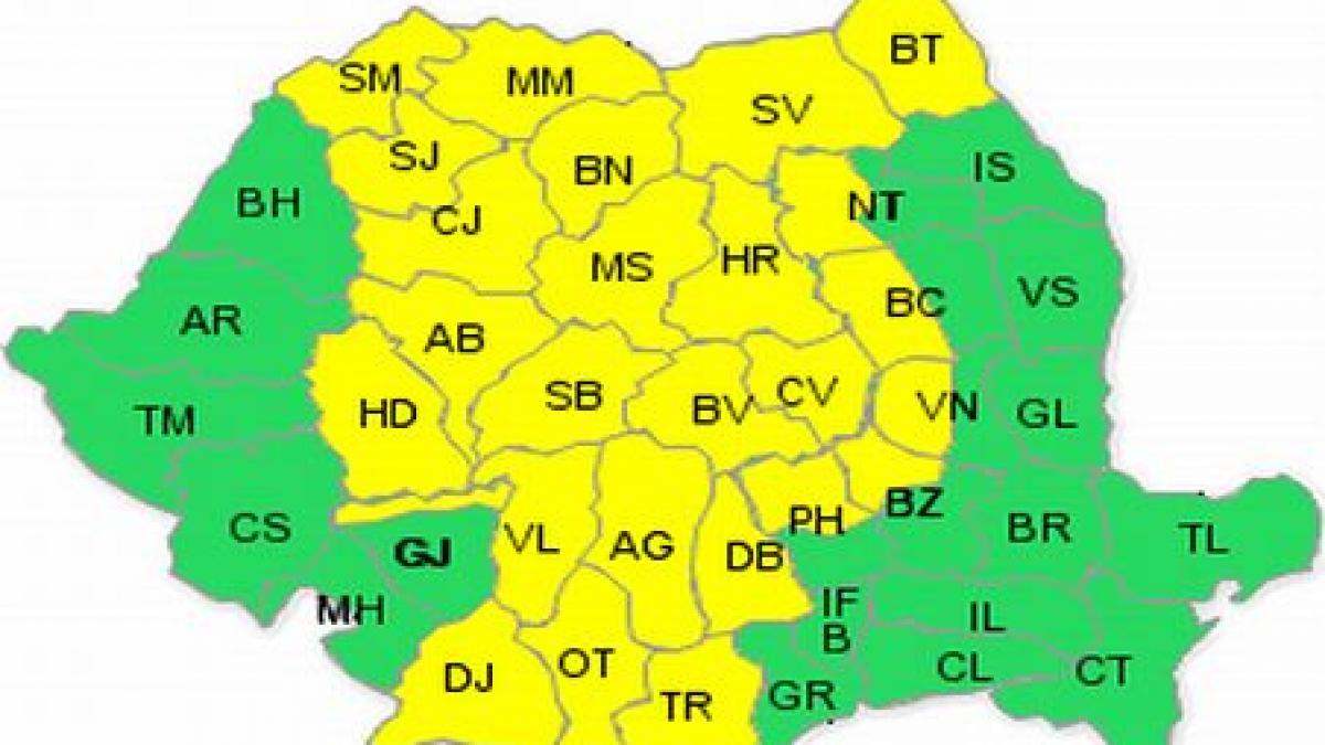 Cod galben de ploi torenţiale şi grindină în zona mediană a ţării. Vezi regiunile vizate