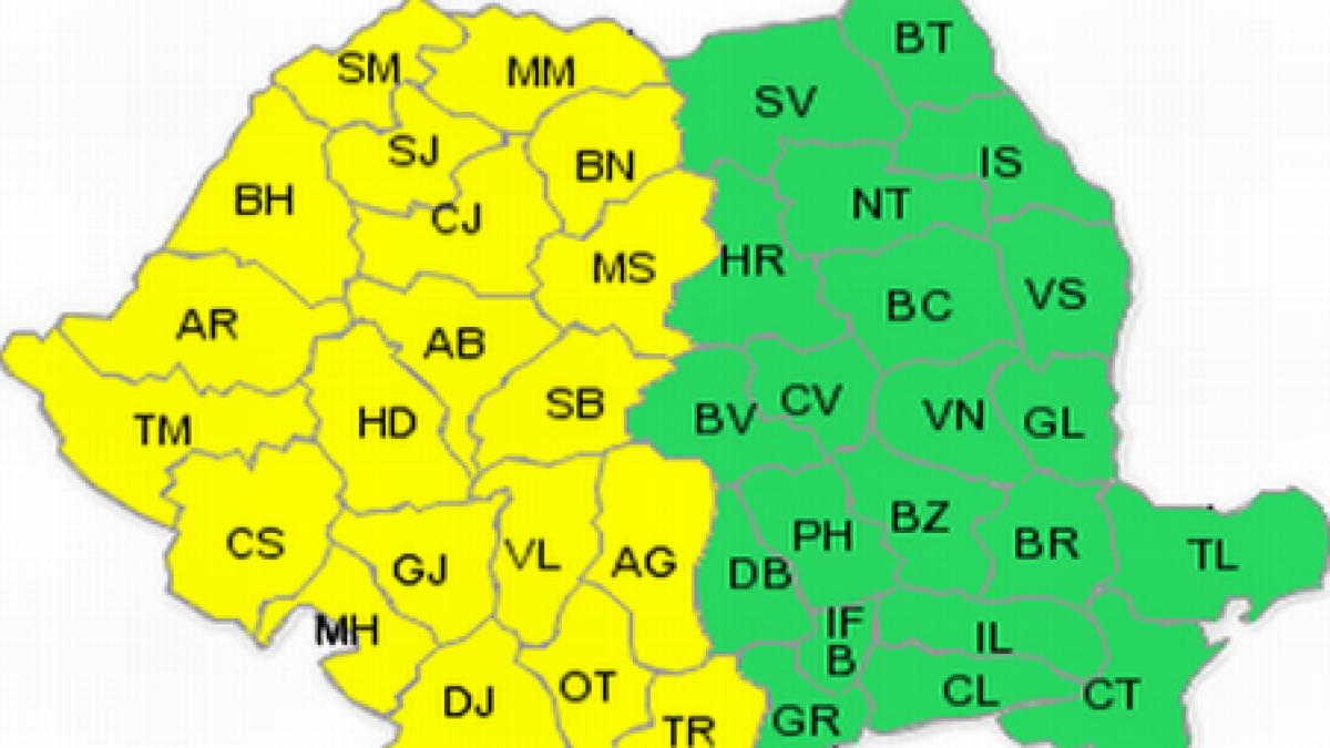 Avertizare cod galben de ploi torenţiale şi vijelii pentru jumătatea de vest a ţării. Vezi prognoza meteo