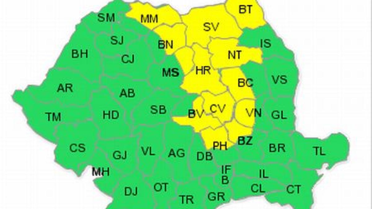 Cod Galben de vijelii, în Moldova, estul Transilvaniei şi Carpaţii Orientali. Vezi prognoza meteo