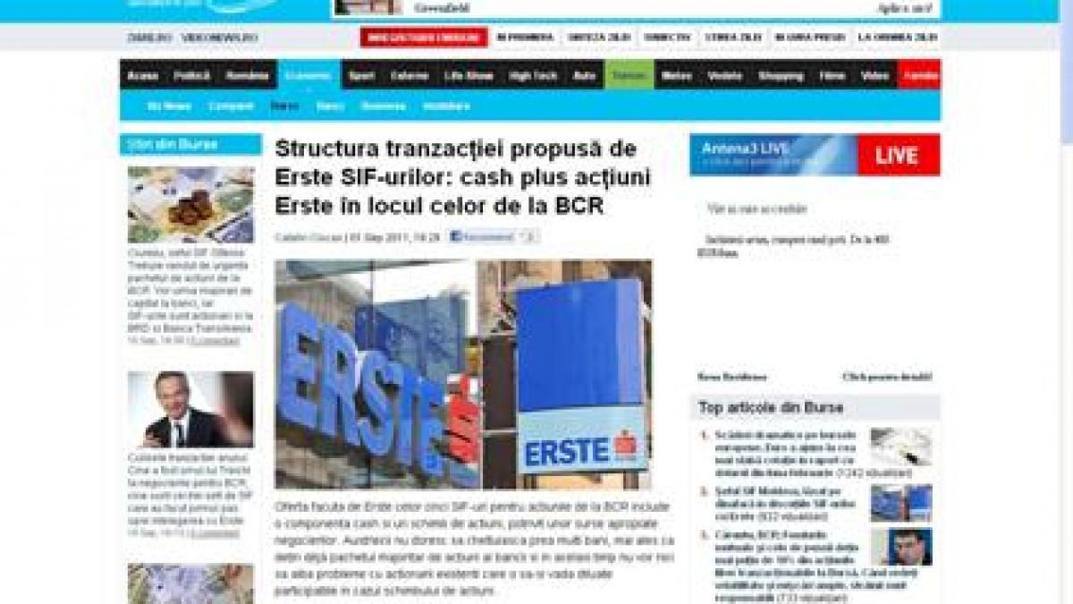 Anuntul Erste confirmă informaţiile publicate în exclusivitate de antena3.ro privind structura tranzacţiei, întâlnirea crucială de la BCR din 8 septembrie dintre austrieci şi şefii SIF-urilor şi data când au fost făcute publice detaliile ofertei 