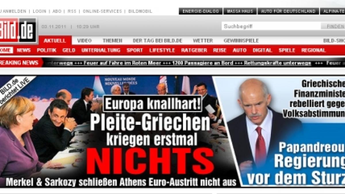 &quot;Luaţi-le euro grecilor&quot;. Tabloidul german Bild îndeamnă la referendum pentru &quot;scoaterea grecilor falimentari din zona euro&quot;