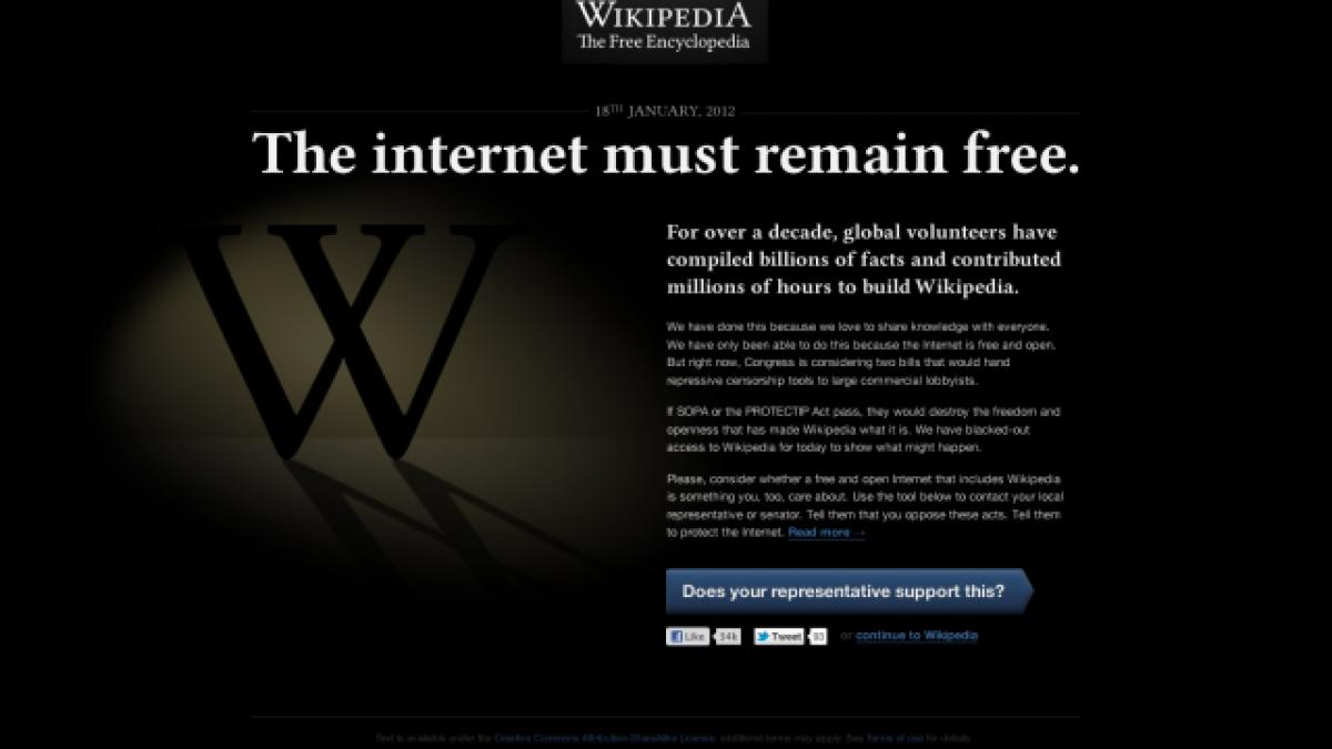 Wikipedia, Mozilla şi alte site-uri îşi vor opri activitatea pentru 24 de ore în semn de protest faţă de actul SOPA