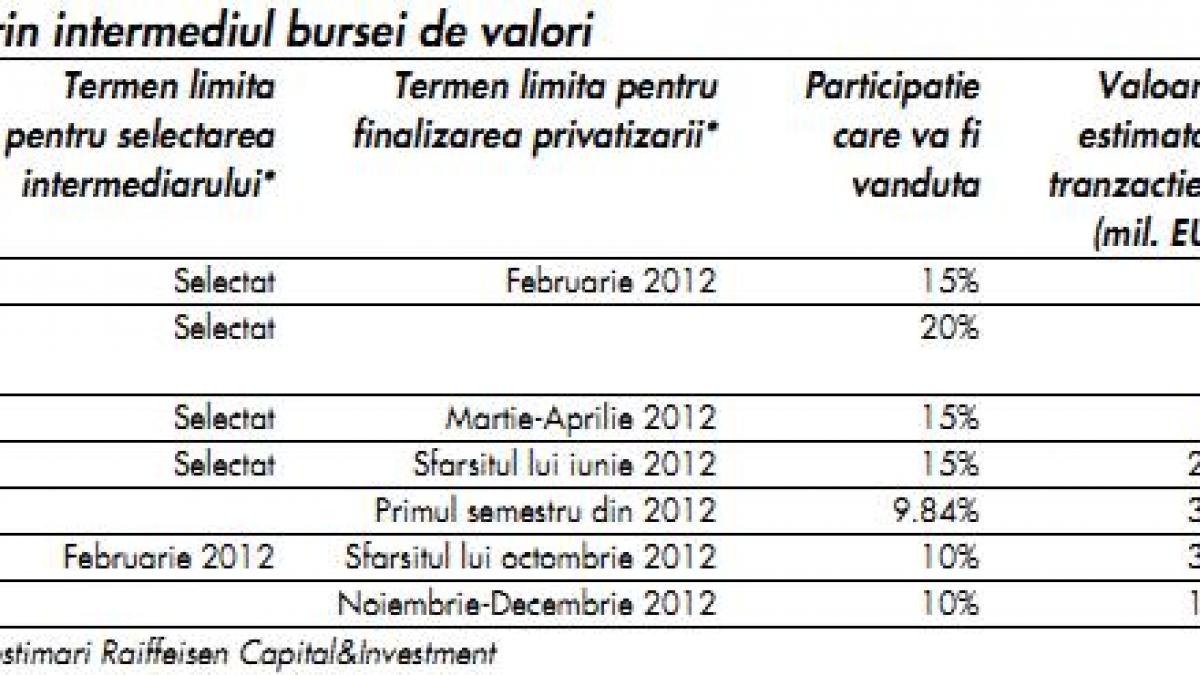 Vanzarile de actiuni Petrom si Hidroelectrica vor fi amanate cu un an, spune Raiffeisen. Celelalte oferte din energie vor fi incheiate cu succes in 2012. Statul ar putea incasa 1,36 mld. euro din programul de vanzari pe Bursa