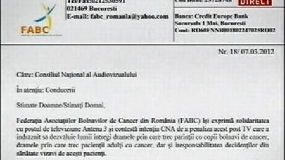 Federaţia Asociaţiilor Bolnavilor de Cancer din România sprijină postul ANTENA 3