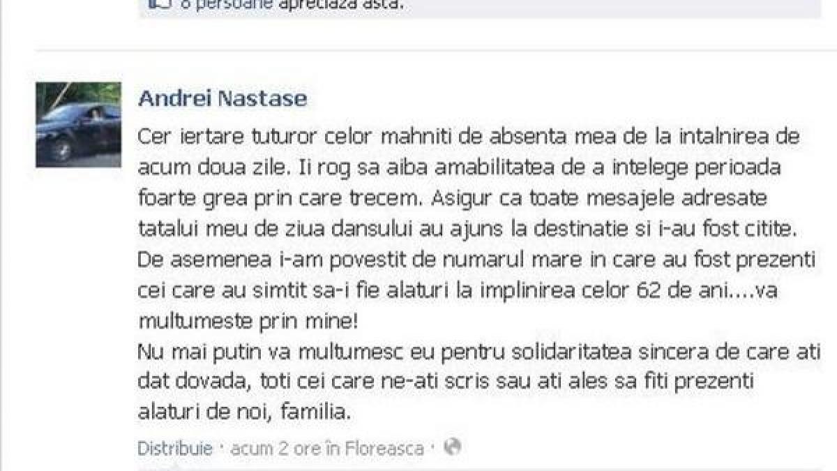 Andrei Năstase mulţumeşte celor solidari cu suferinţa tatălui său: Trecem printr-o perioadă foarte grea