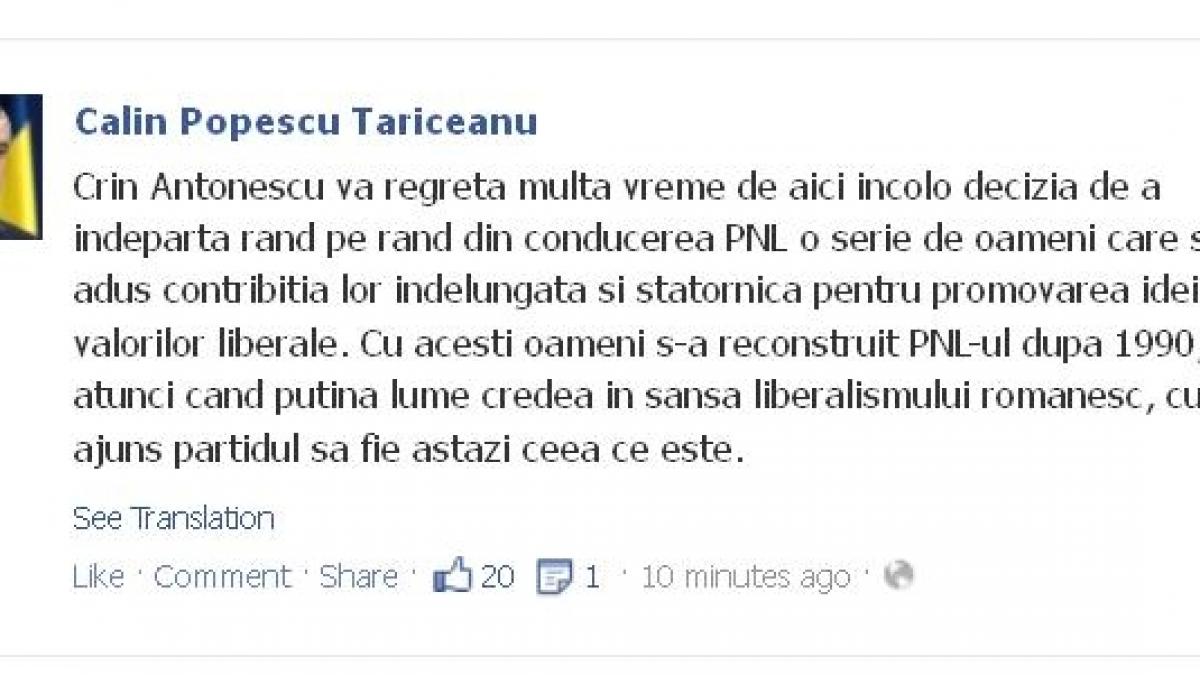 Tăriceanu: Crin Antonescu va regreta multă vreme de aici încolo decizia de a îndepărta o serie de oameni