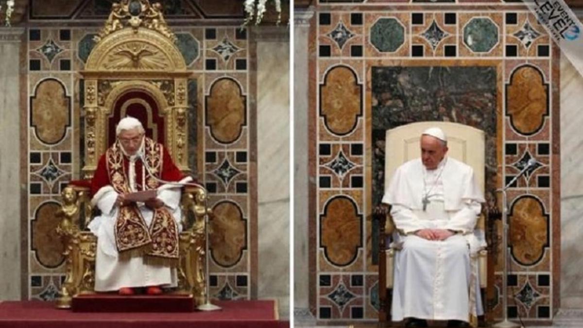 Deosebirea uriaşă dintre Benedict şi Francisc, în această imagine. Câte diferenţe poţi găsi între cei doi papi?