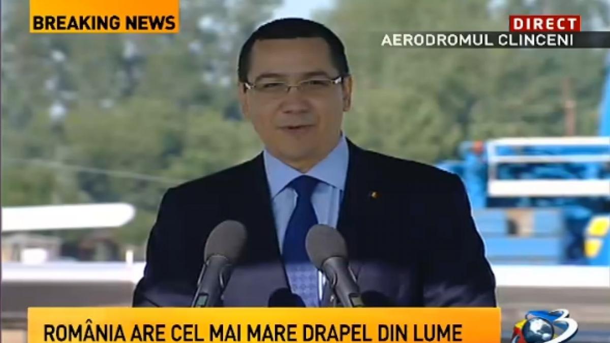 Premierul Ponta, la ridicarea celui mai mare drapel din lume: &quot;Felicitări, Antena 3! Să ai un record mondial e un lucru special&quot;