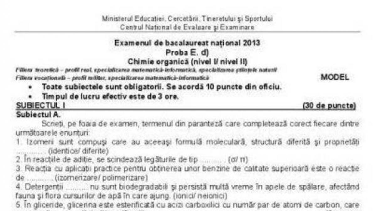 BACALAUREAT 2013. Vezi SUBIECTELE şi BAREMUL propuse pentru Chimie