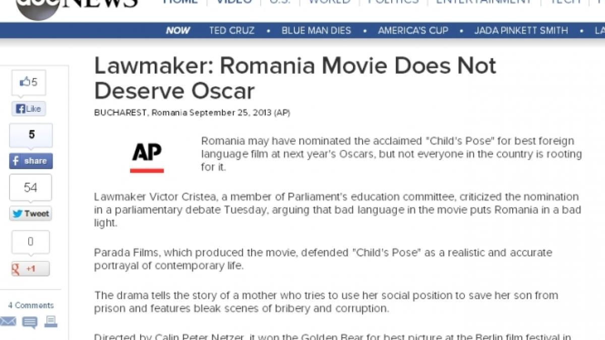 &quot;Filmul românesc nu merită Oscarul!&quot;. Presa străină, după ce un politician român a criticat &quot;Poziţia copilului&quot;