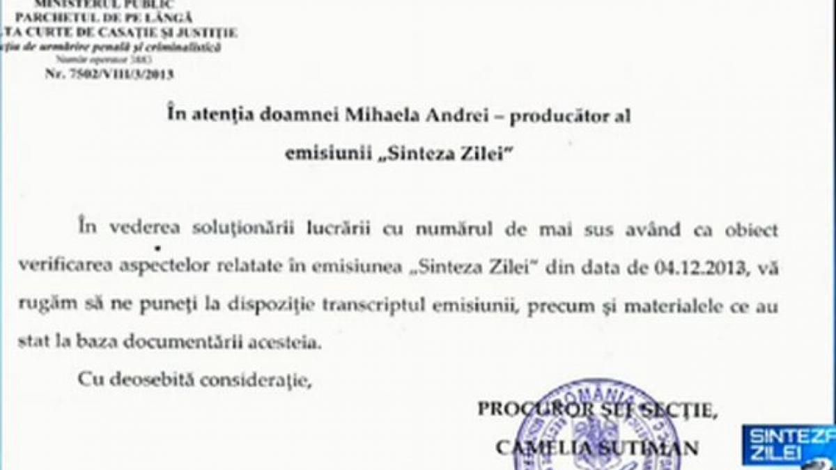 Parchetul s-a autosesizat în urma dezvăluirilor făcute la Sinteza Zilei