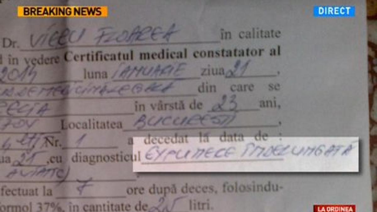 La ordinea zilei: &quot;Expunerea îndelungată la frig (accident aviatic)&quot;, diagnosticul indicat de certificatul de deces al Aureliei Ion