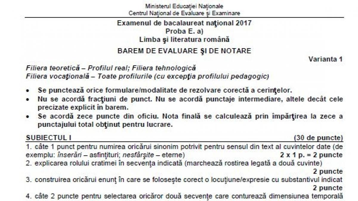 Edu Ro A Publicat Baremul De Corectare La Limba RomanÄƒ Cum Se Rezolvau Subiectele La Bacalaureat 2017 Foto