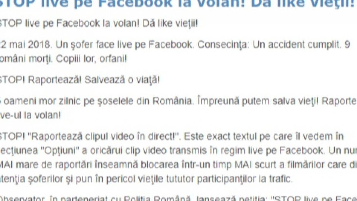 Petiție pentru oprirea live-urile pe Facebook la volan