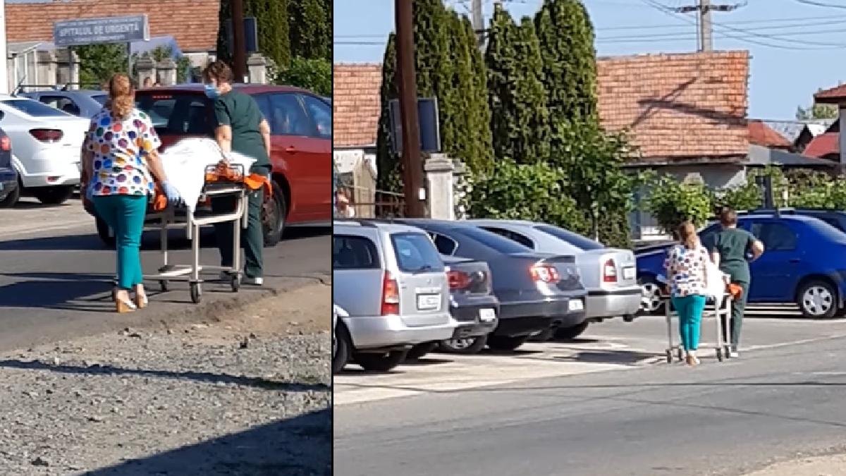 Imagini cu un pacient plimbat cu targa pe caniculă, printre maşini: Rude: "Mulțumim pentru tratament Ministerului Sănătății. Rușine să vă fie"