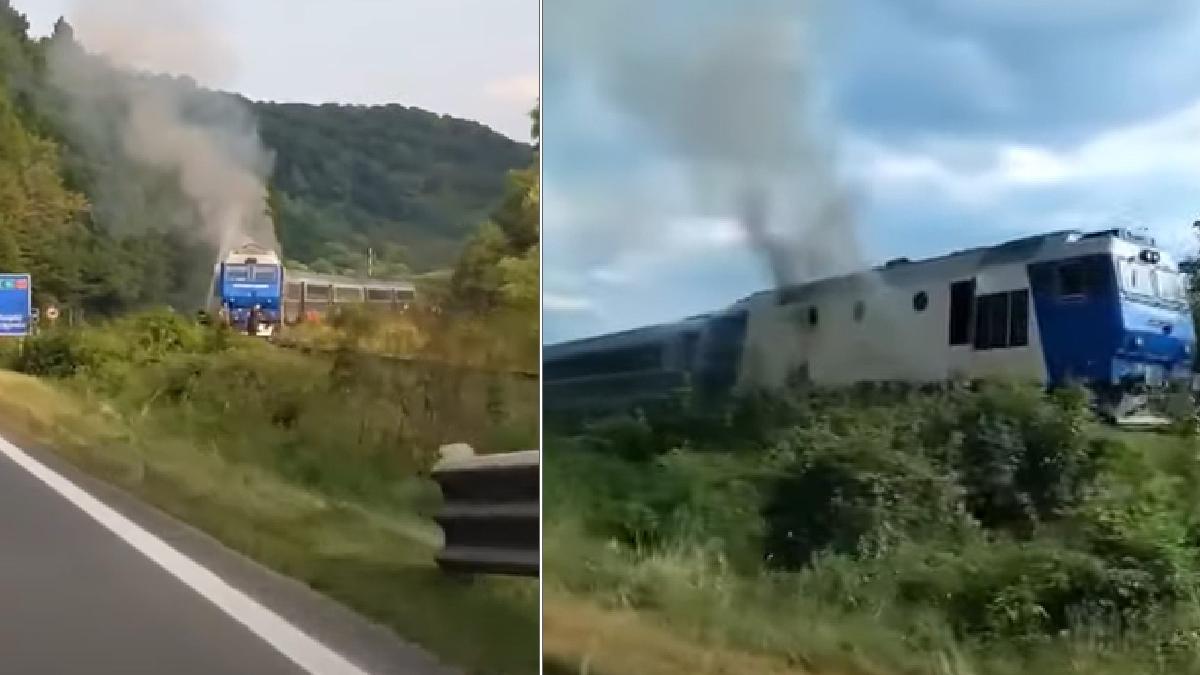 Locomotiva unui tren accelerat a luat foc în mers pe Valea Drăganului