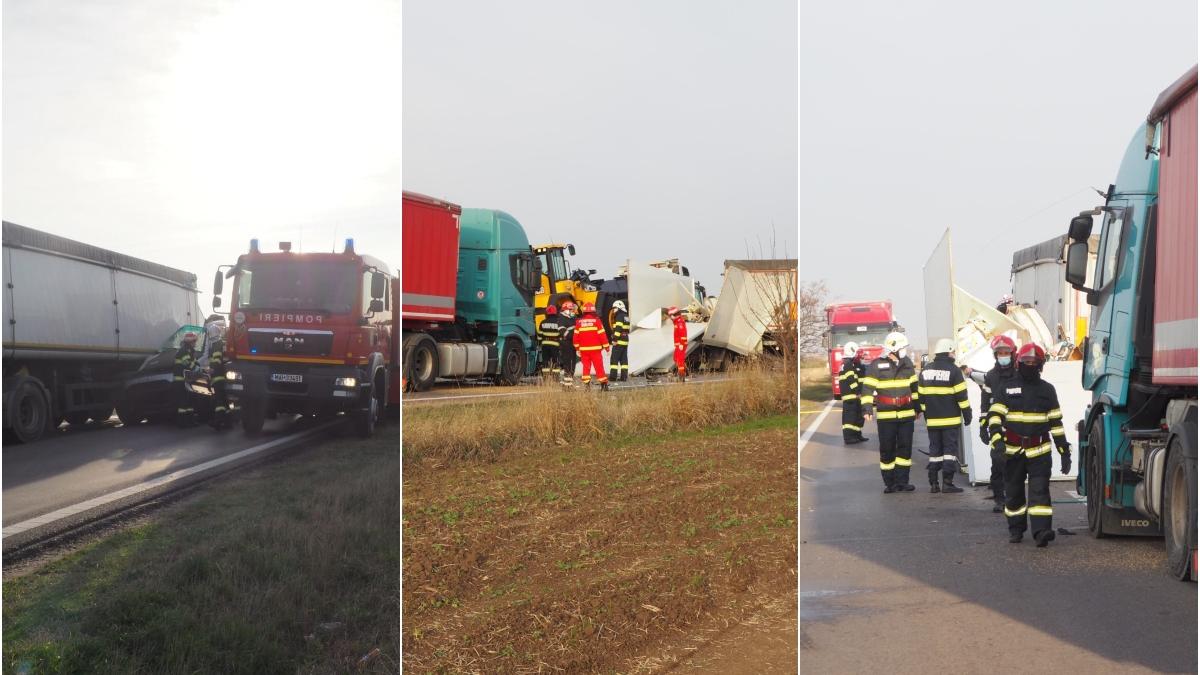 Un bărbat a murit, după ce două TIR-uri şi o camionetă s-au izbit violent în judeţul Teleorman