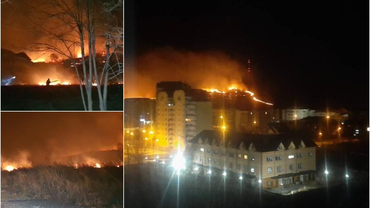 Incendiu de vegetație pe muntele Pietricica, Neamţ. Focul uriaș se apropie de zonele locuite