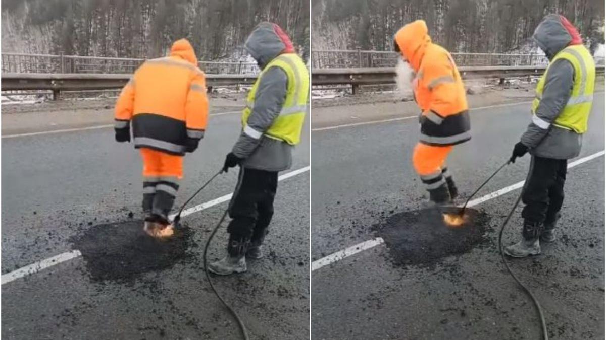 muncitori asfaltare drum picior bocanci