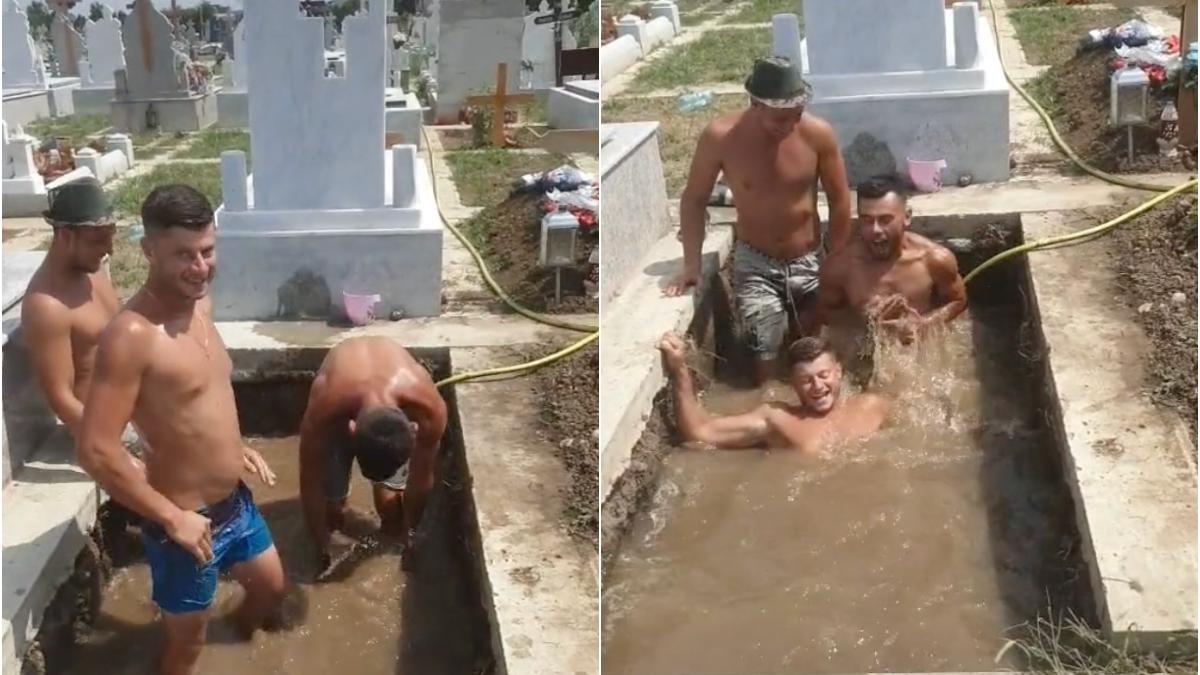 trei gropari facut piscina mormant cimitir