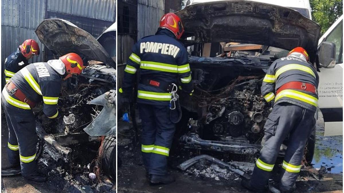 Autoutilitară făcută scrum într-un incendiu produs într-un atelier auto din Focșani