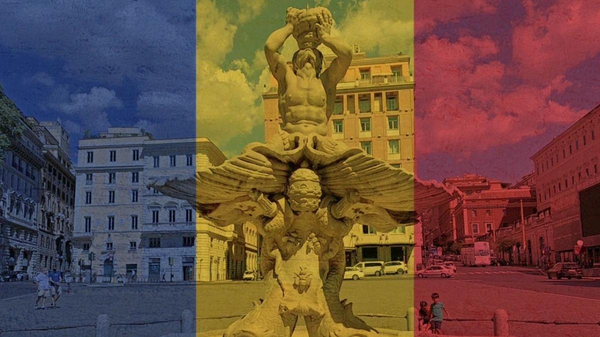 fontana del tritone din piata barberini din roma iluminata in culorile drapelului romaniei de ziua nationala