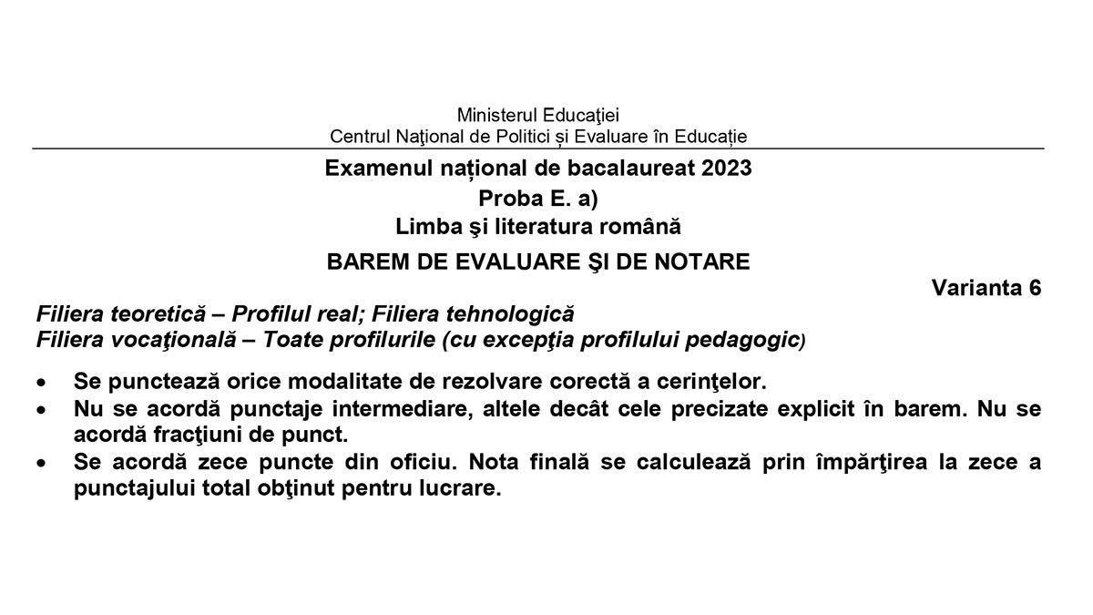 Barem subiecte romana bac 2023 real