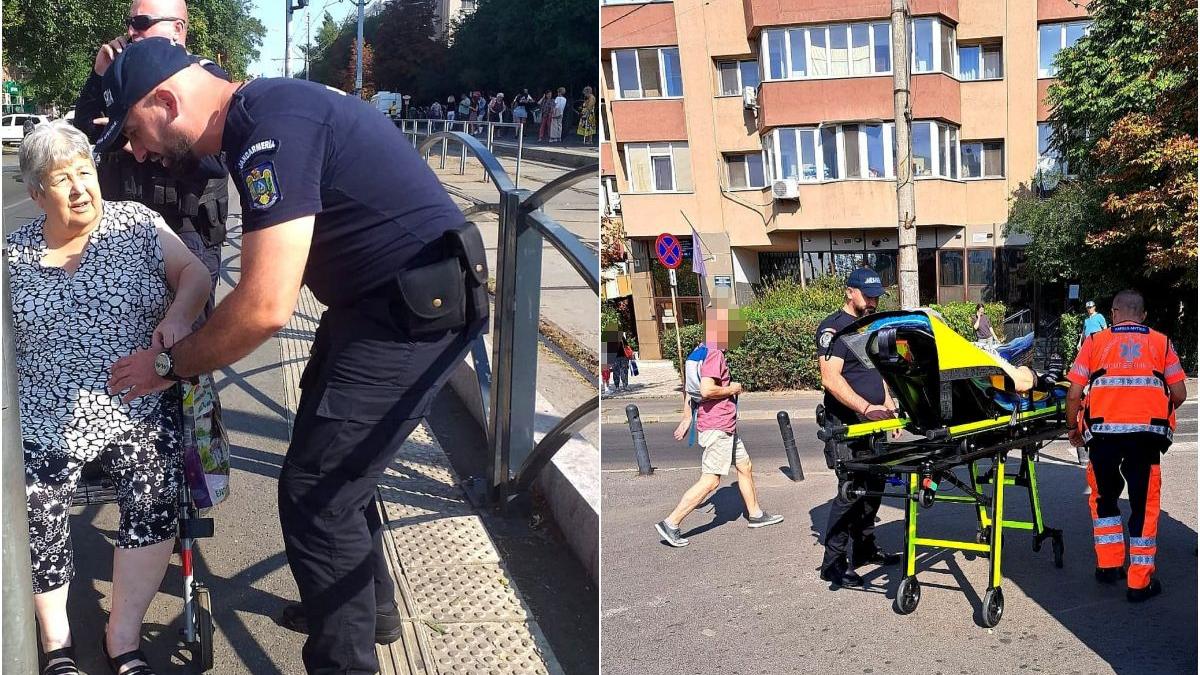 femeie scaun cu rotile cazuta in apropiere de linia de tramvai salvata de jandarmii bucuresteni