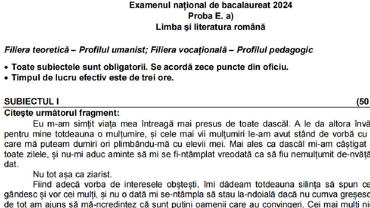 model subiect limba literatura romana bacalaureat 2024 sesiune vara