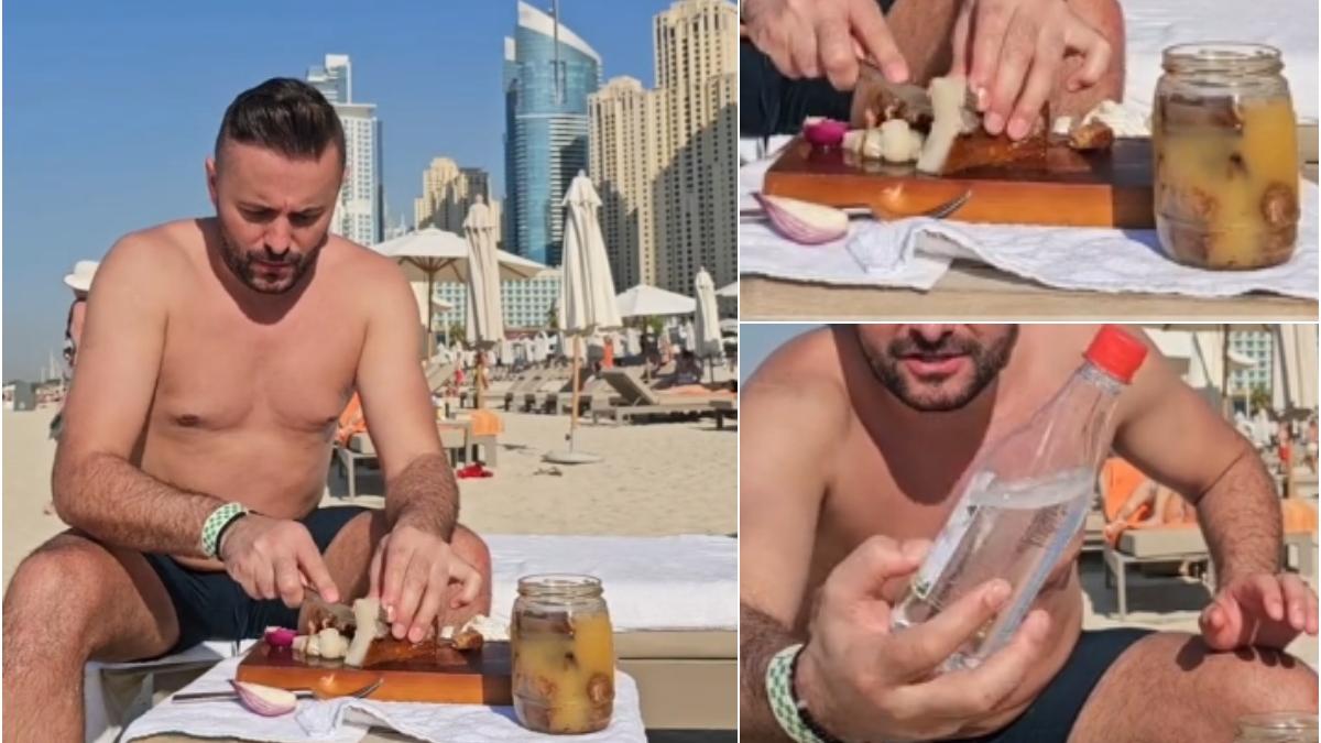 romani care mananca slanina pe plaja in dubai 