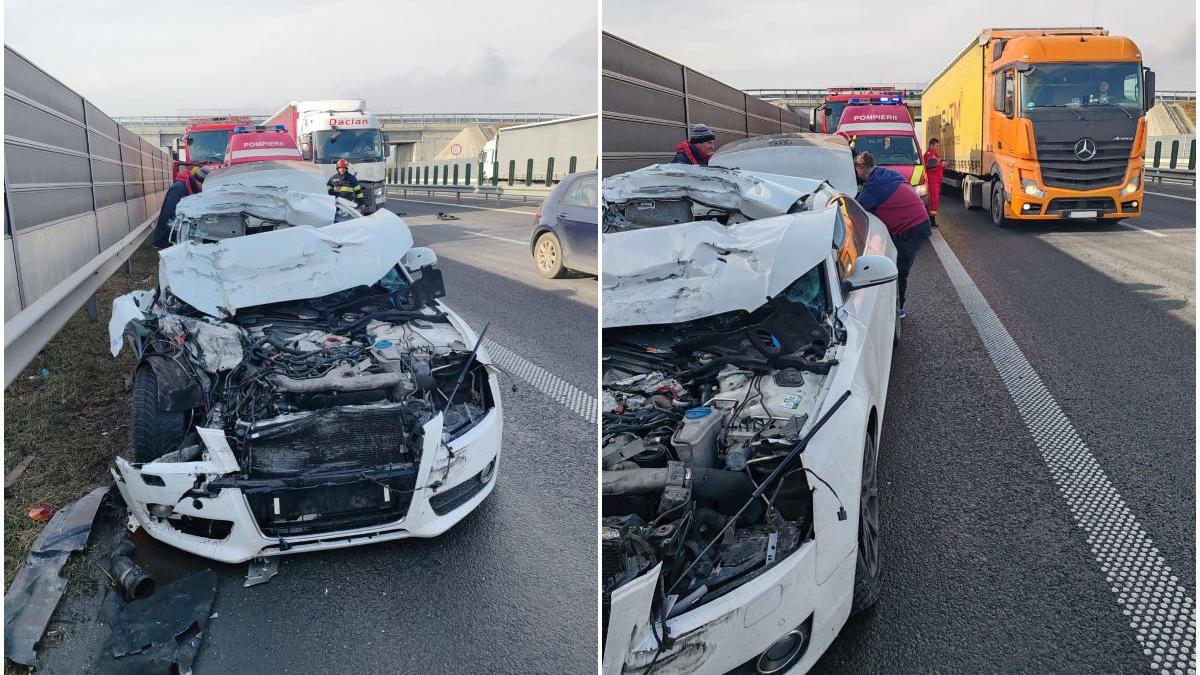 Accident grav pe Autostrada A1, în județul Hunedoara! Un bărbat a ajuns cu mașina sub roțile unui camion