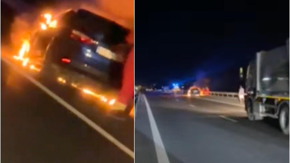 Mașină cuprinsă de flăcări, pe Autostrada A4. Șoferul s-a salvat în ultima clipă