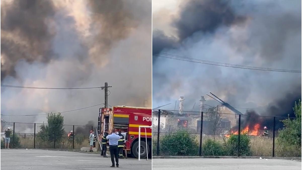 Un incendiu de proporții a izbucnit la un depozit de materiale plastice din Târgu Jiu. Focul se extinde rapid