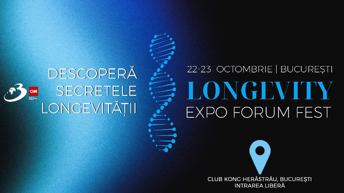 ?n Bucure?ti, pe 22-23 octombrie are loc Longevity Expo Forum Fest, un eveniment dedicat inova?iilor ?n domeniul s?n?t??ii ?i longevit??ii care se va desf??ura la Club Kong, reunind lideri de opinie, exper?i ?i pasiona?i din domeniul biotehnologiei, nutri