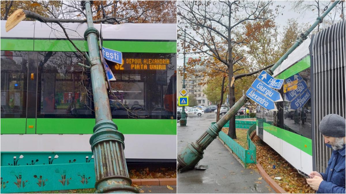 stalp cazut pe tramvai piata unirii