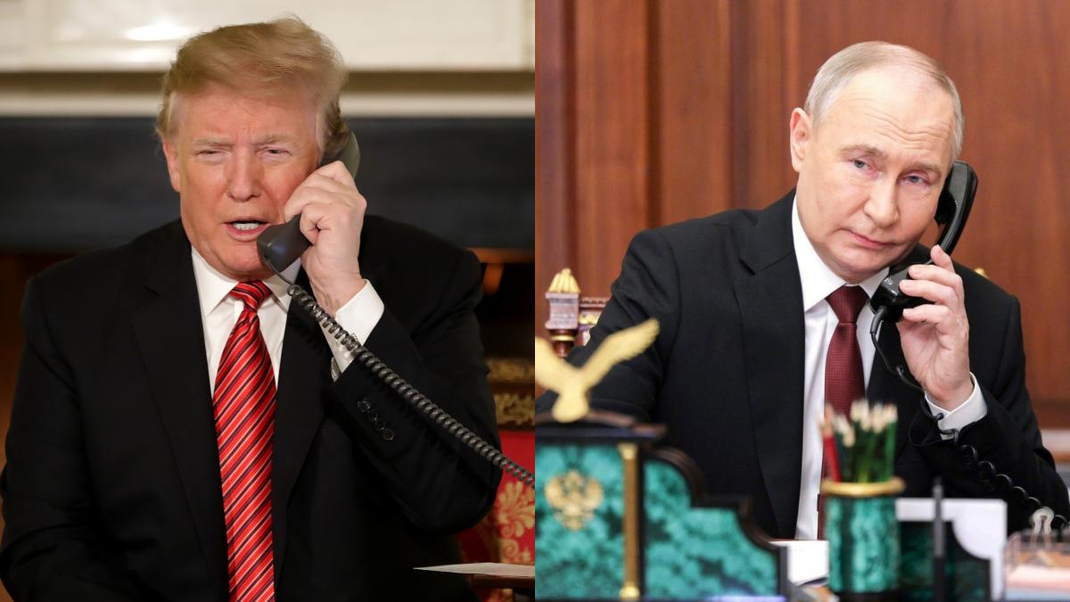 Colaj Trump și Putin vorbind la telefon.