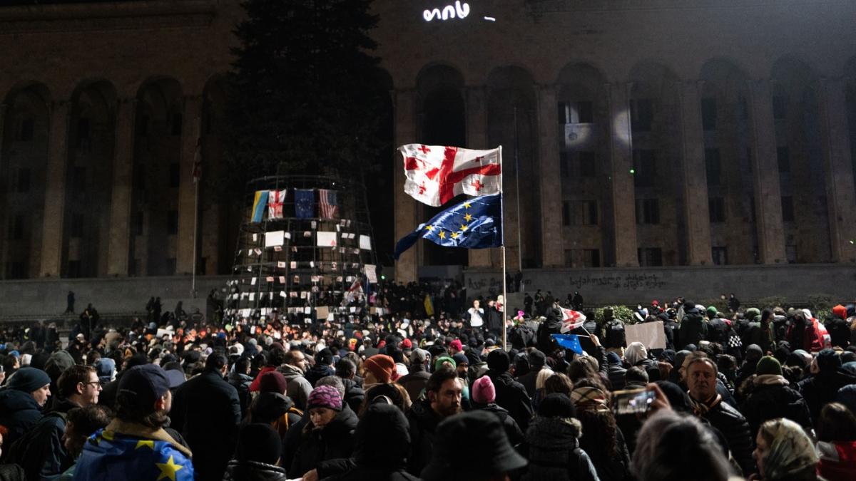 protestatari cu stagurile UE și Georgiei