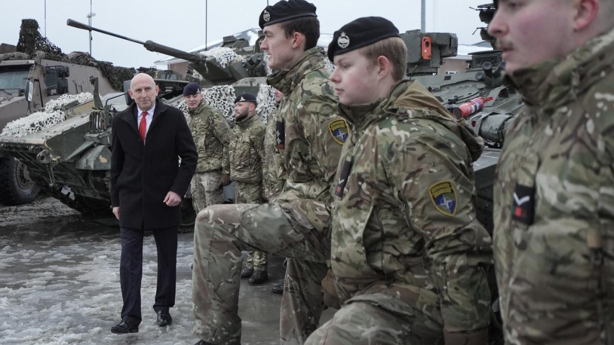 John Healey inspectează soldați ai armatei UK.