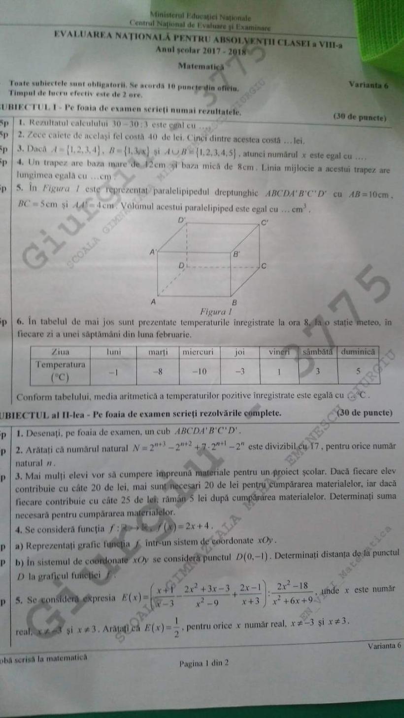 teste de examen la matematica clasa 9 2018