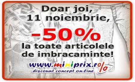 Reduceri de 50% pe www.miniPRIX.ro, joi 11 noiembrie. Află detalii