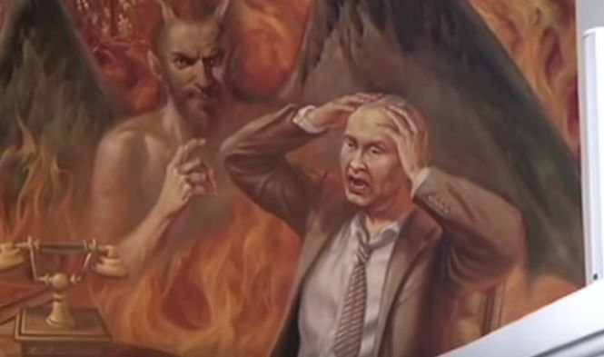 „Vladimir Putin, arzând în flăcările iadului”. Pictura controversată care a apărut într-o biserică din Ucraina - VIDEO